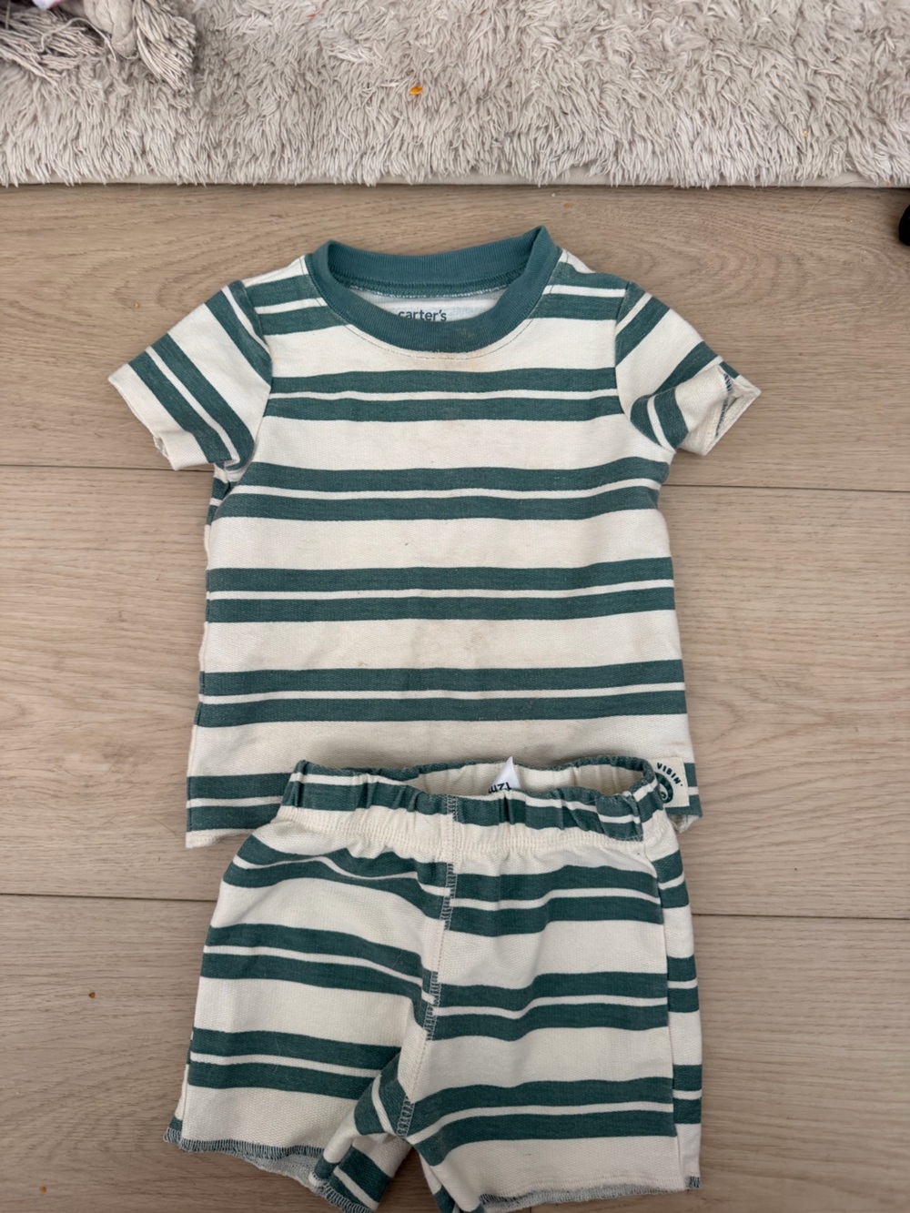 Carter's Green and White Striped Short Sleeve Tee & Shorts Set